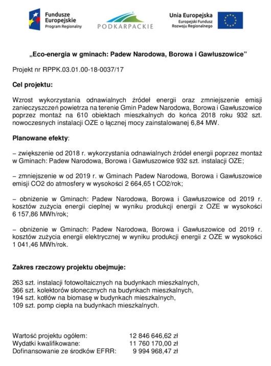 "Eco-energia w gminach: Padew Narodowa, Borowa i Gawłuszowice"